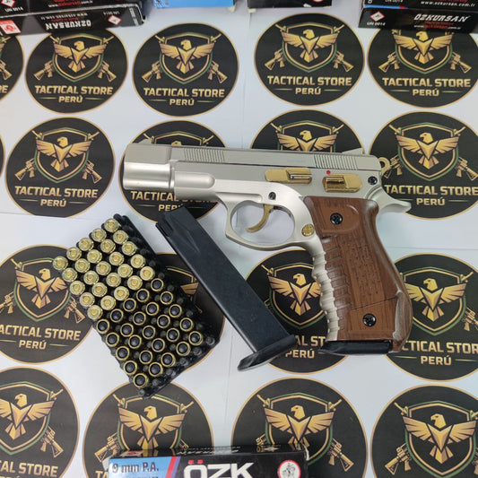 Pistola traumática Blow C75 Gold Wood 9mm con cargador y munición - Tactical Store Perú